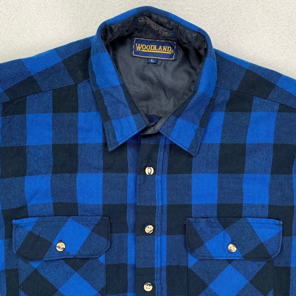 VTG 80s Woodland Flannel Shirt Mens Large Blue Buffalo Plaid Long Sleeve‎ Retro
